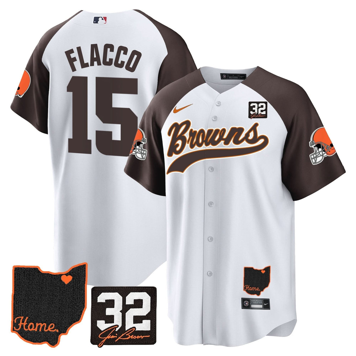 CLE #32 Jim Brown Memorial & Home Patch Baseball Jersey V2