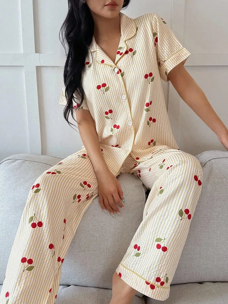 Cherry Striped Print Lapel Short Sleeve Pajama Set For Women