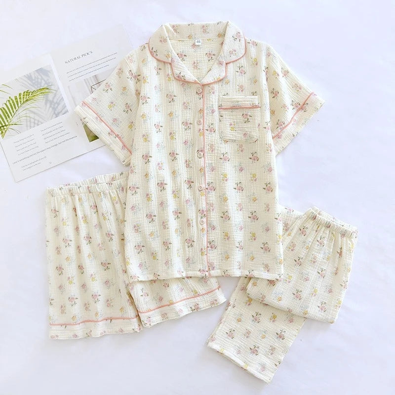 3-Piece Women’s Cotton Double Gauze Pajama Set, Japanese Countryside Style, Short Sleeve + Long Pants, Lightweight & Breathable