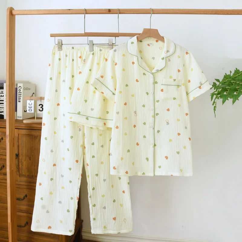 3-Piece Women’s Cotton Double Gauze Pajama Set, Japanese Countryside Style, Short Sleeve + Long Pants, Lightweight & Breathable