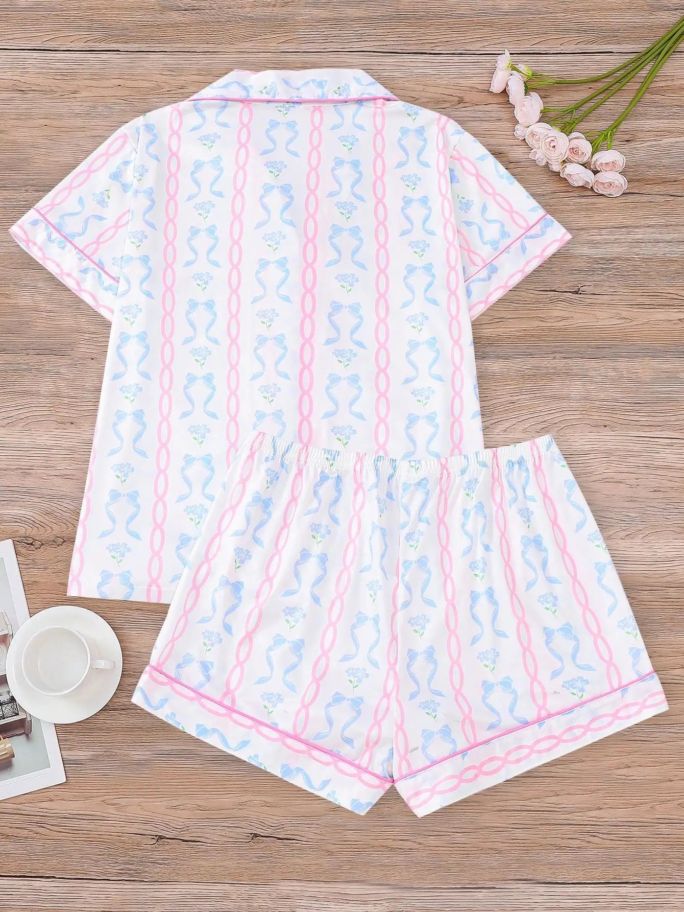 2-Piece Bow & Floral Print Pajama Set for Women - Short Sleeve Lapel Top + Elastic Waist Shorts