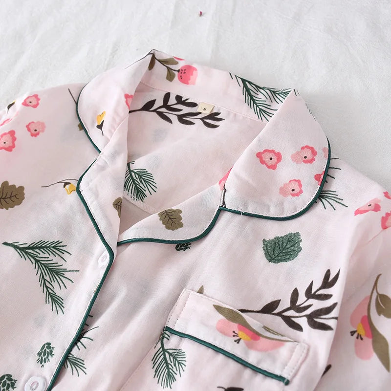 Three-piece Japanese-style pajamas women spring and summer autumn 100% cotton gauze short-sleeved shorts trousers summer suit ho