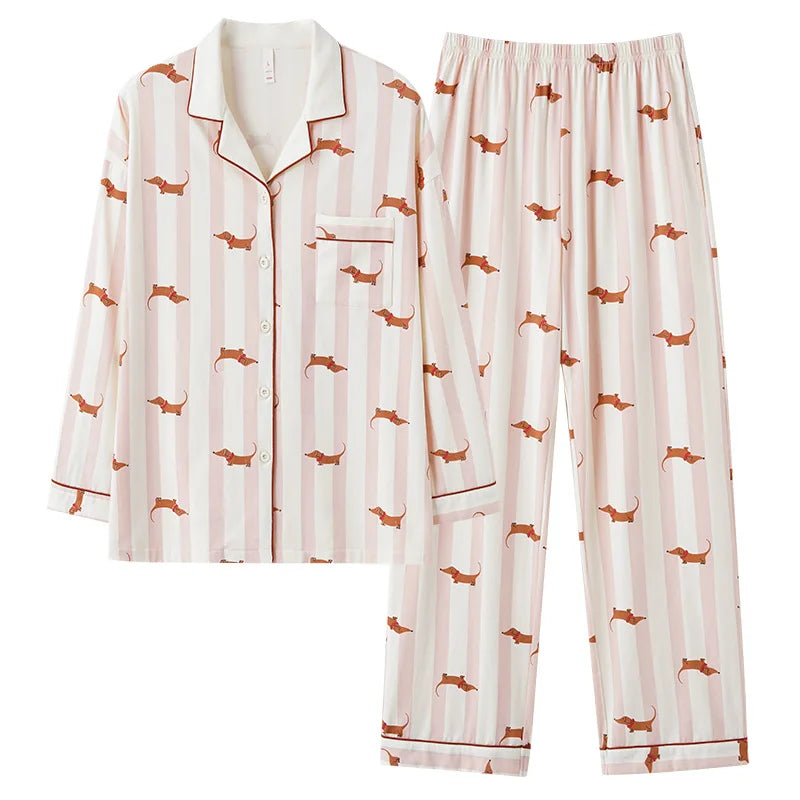 Spring 2026 Cotton Pajamas For Women Men Lovers Dachshund Sausage Teckel Two Pieces Long Sleeve Tops Full Length Pants 54903