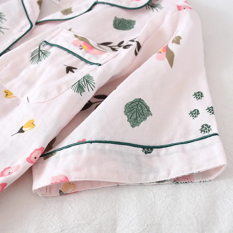 Three-piece Japanese-style pajamas women spring and summer autumn 100% cotton gauze short-sleeved shorts trousers summer suit ho