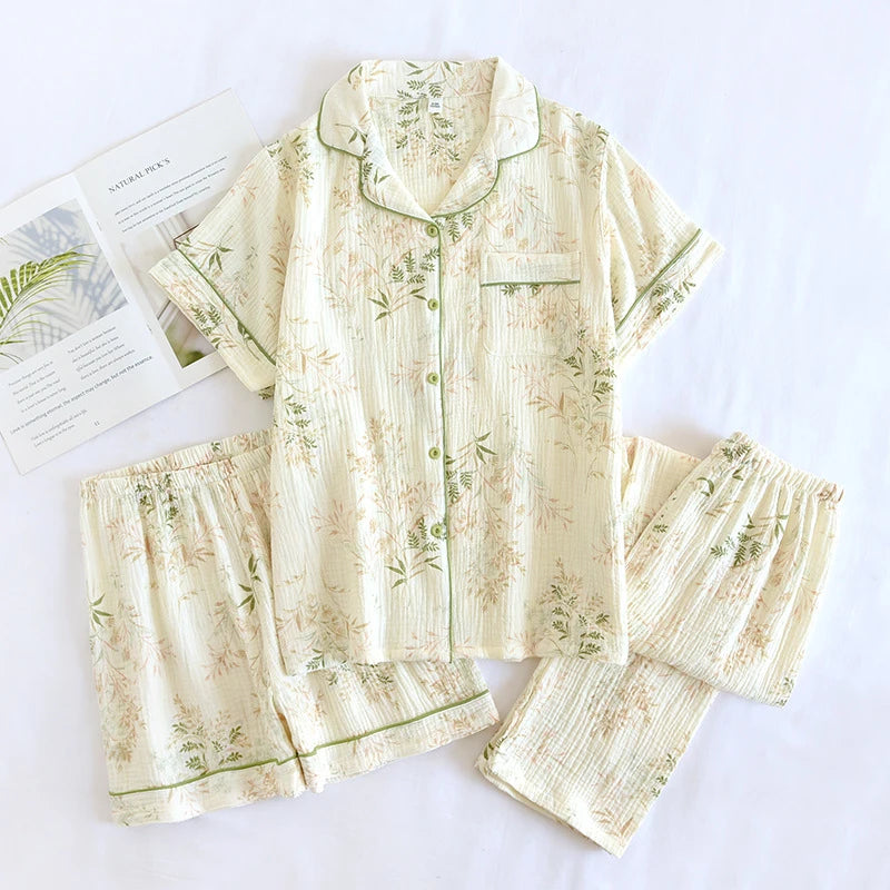3-Piece Women’s Cotton Double Gauze Pajama Set, Japanese Countryside Style, Short Sleeve + Long Pants, Lightweight & Breathable