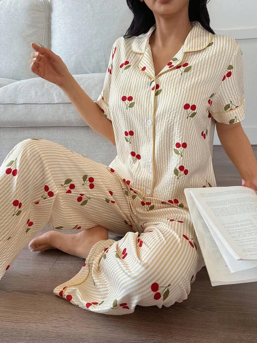 Cherry Striped Print Lapel Short Sleeve Pajama Set For Women
