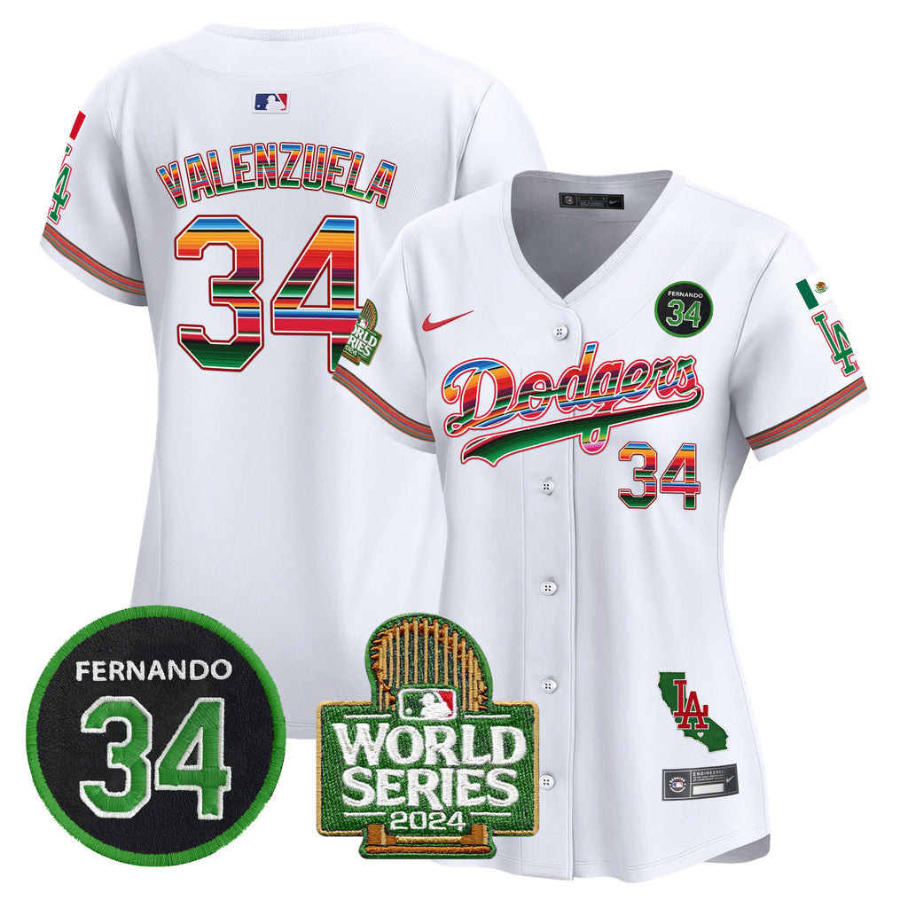 Women's Dodgers Mexico Fernando Memorial & 2024 World Series Patch Vapor Premier Limited Jersey - All Stitched