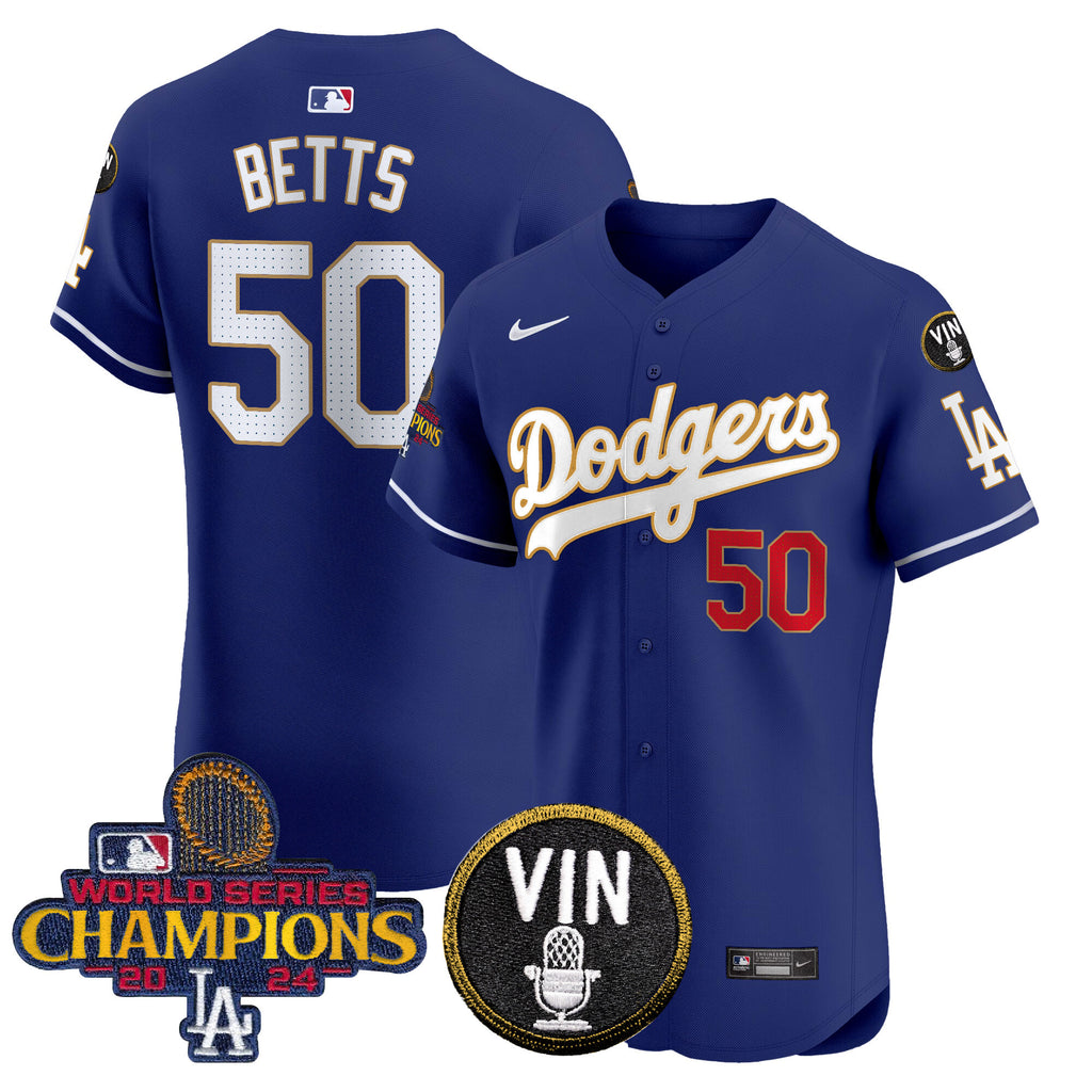 Men's Dodgers 2024 World Series Champions Gold Trim Vapor Premier Elite Jersey - All Stitched
