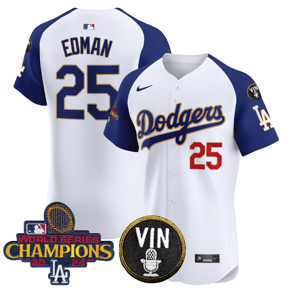 Men's Dodgers 2024 World Series Champions Gold Trim Vapor Premier Elite Jersey - All Stitched