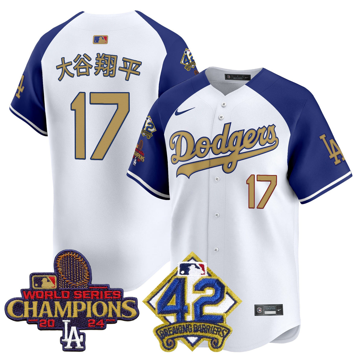 Men's Dodgers 2024 World Series Champions & Jackie Robinson Patch Vapor Premier Limited Jersey - All Stitched