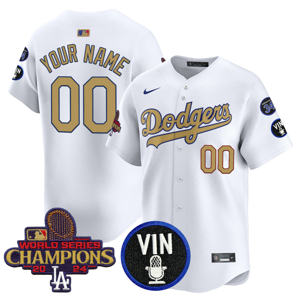 Dodgers 2025 Vin Scully & #34 Fernando Patch Gold Vapor Premier Limited Custom Jersey - All Stitched