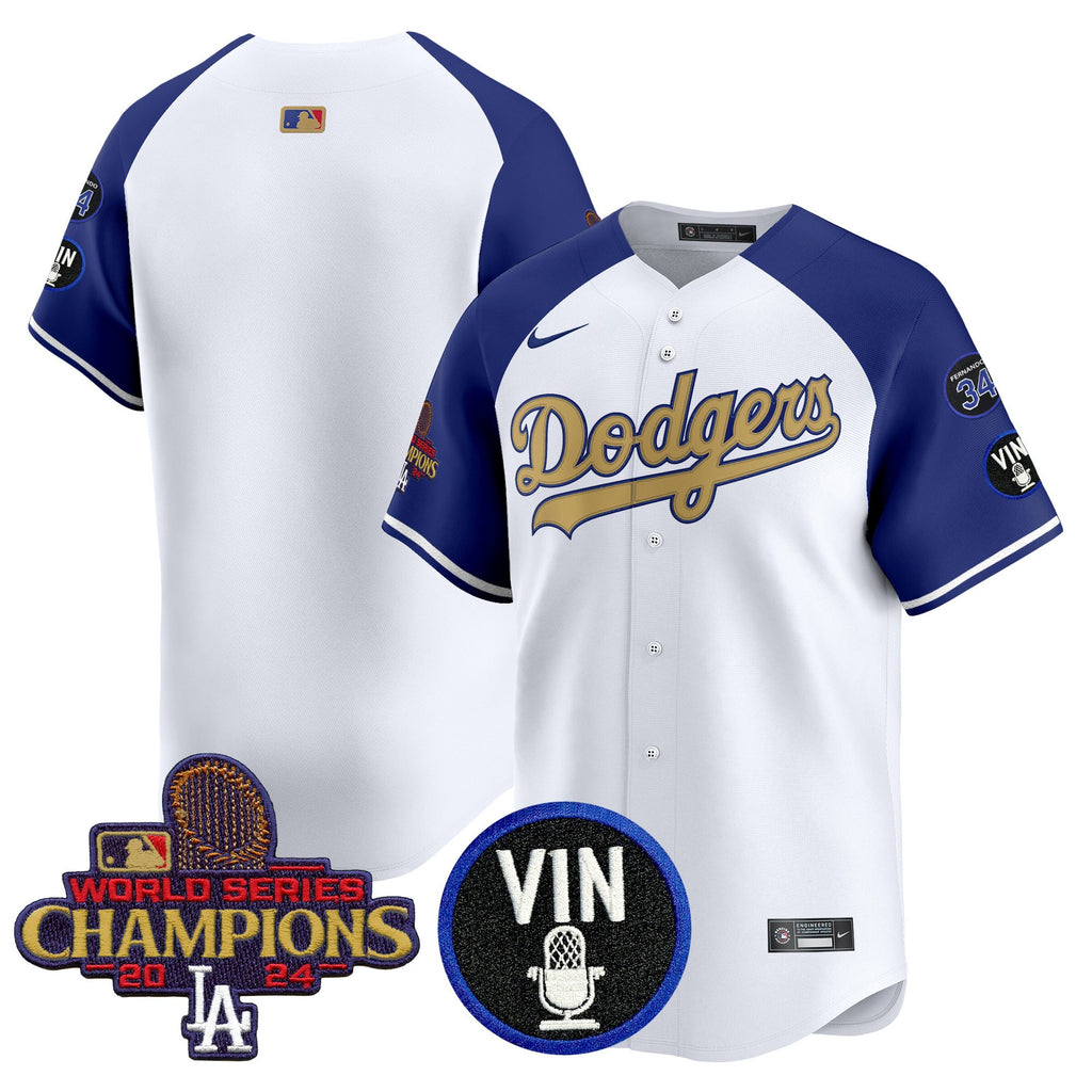 Men's Dodgers 2025 Vin Scully & #34 Fernando Patch Gold Vapor Premier Limited Jersey - All Stitched