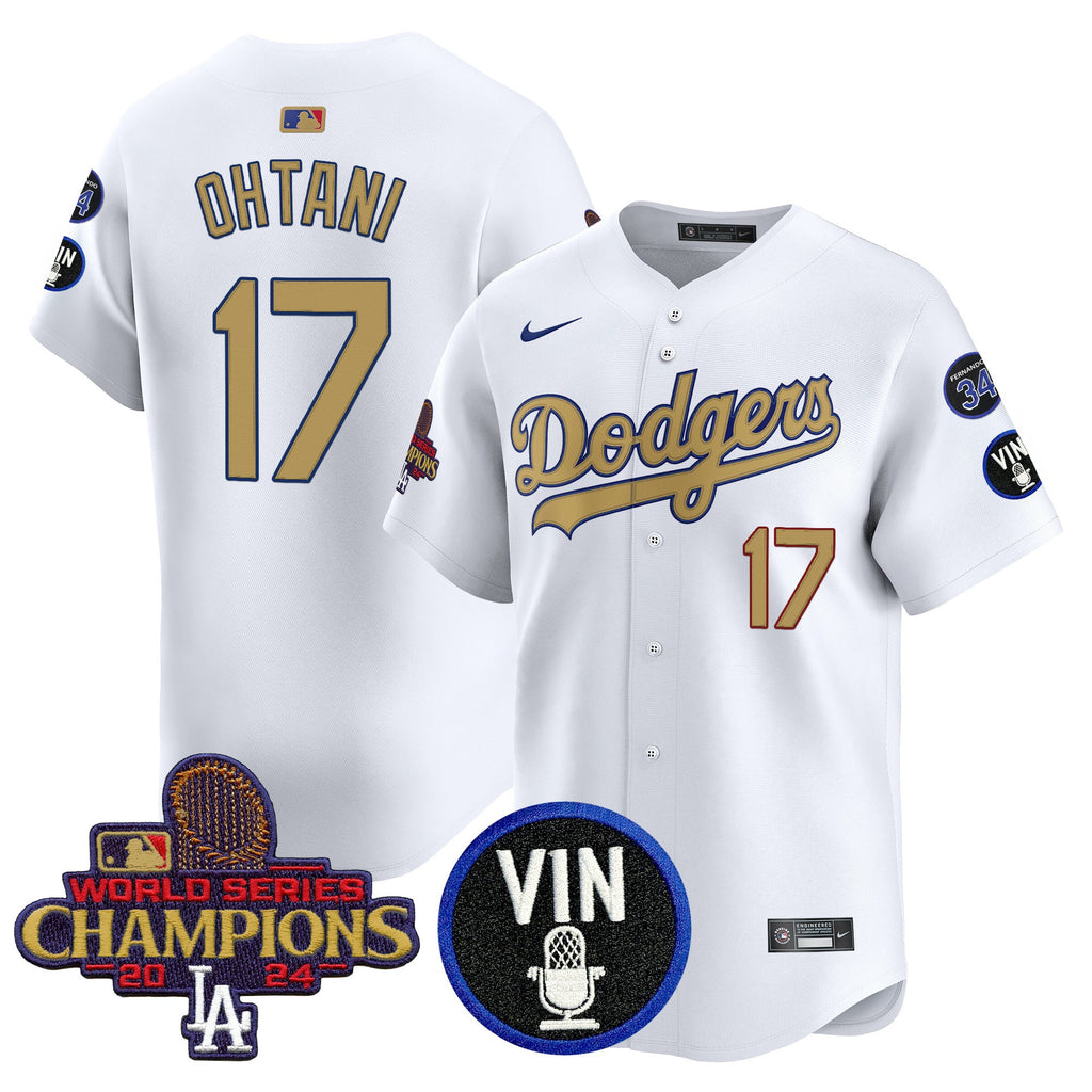 Men's Dodgers 2025 Vin Scully & #34 Fernando Patch Gold Vapor Premier Limited Jersey - All Stitched